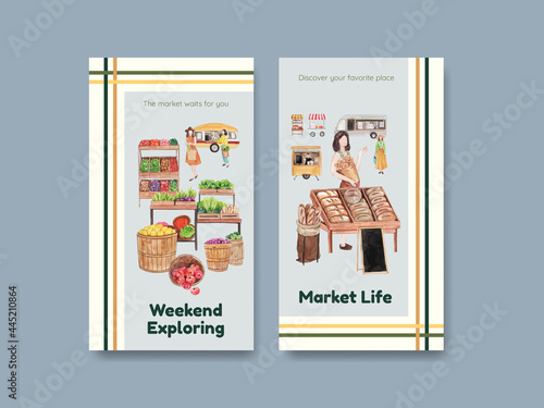 Instagram template with weekend market concept,watercolor style