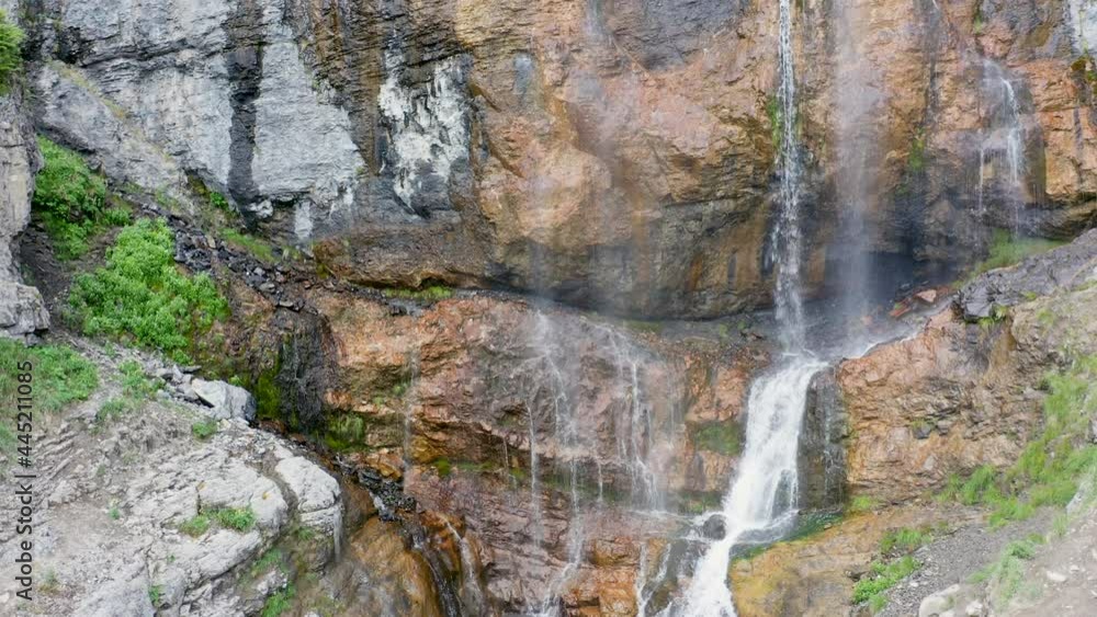 Aerial Drone Flying Up Tall Rocky Mountain Waterfall Aerial Drone Flying Up Tall Rocky Mountain Waterfall