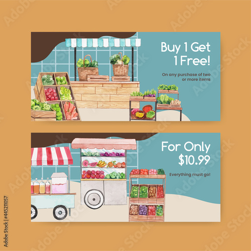 Voucher template with weekend market concept,watercolor style