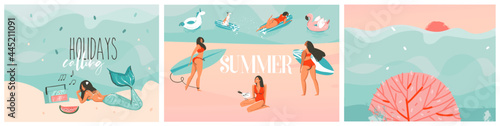 Hand drawn vector abstract stock graphic summer time cartoon, contemporary illustrations prints collection set with beach surfers group characters,flamingo floats and mermaid on color background.