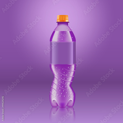 Realistic soda lemonade bottle mock up with purple label isolated on purple background reflected off the floor, vector illustration. Suitable for large format ads, billboards and posters