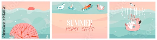 WebHand drawn vector abstract stock graphic summer cartoon,minimalistic contemporary illustrations prints collection set with beach inflatable unicorn and flamingo floats isolated on white background
