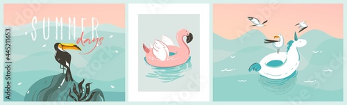 Hand drawn vector abstract stock graphic summer cartoon,minimalistic contemporary illustrations prints collection set with beach inflatable unicorn and flamingo floats isolated on white background