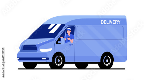 Cargo van with driver isolated. Vector flat style illustration.