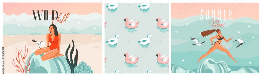 Hand drawn vector abstract stock graphic summer time cartoon, contemporary illustrations prints collection set with beach girls characters,flamingo and unicorn floats on isolated color background Hand drawn vector abstract stock graphic summer time cartoon, contemporary illustrations prints collection set with beach girls characters,flamingo and unicorn floats on isolated color background