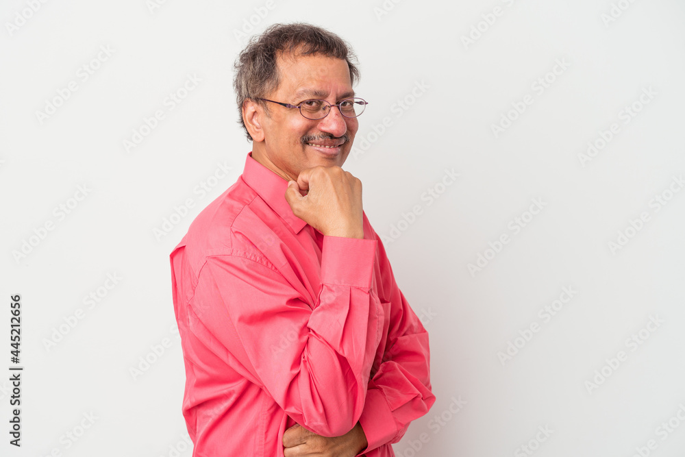 Middle aged indian man isolated on white background smiling happy and confident, touching chin with hand. Middle aged indian man isolated on white background smiling happy and confident, touching chin with hand.