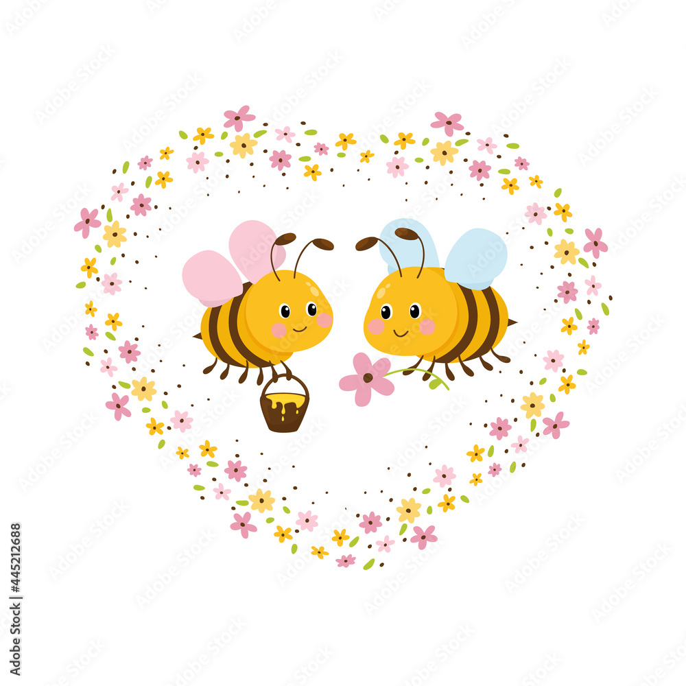 Two cute friendly bees set. Vector illustration animal of honeybee on white background in cartoon style. Two cute friendly bees set. Vector illustration animal of honeybee on white background in cartoon style.