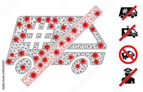 Net no jail car in infection style. Mesh wireframe no jail car image in lowpoly style with combined linear items and red infectious items.