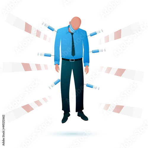 A man punctured by various vaccinations in syringes against the background of closed border gates. Vector illustration.