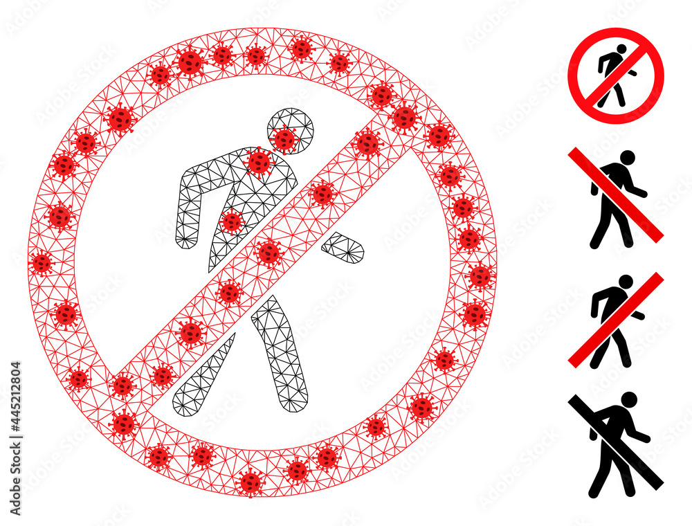 Obraz premium Net no pedestrian walking with infection style. Polygonal carcass no pedestrian walking image in low poly style with structured linear items and red virus centers.