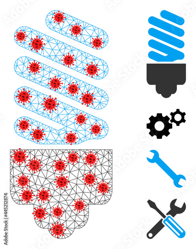 Polygonal fluorescent bulb with infection style. Polygonal carcass fluorescent bulb image in low poly style with structured lines and red virus centers.