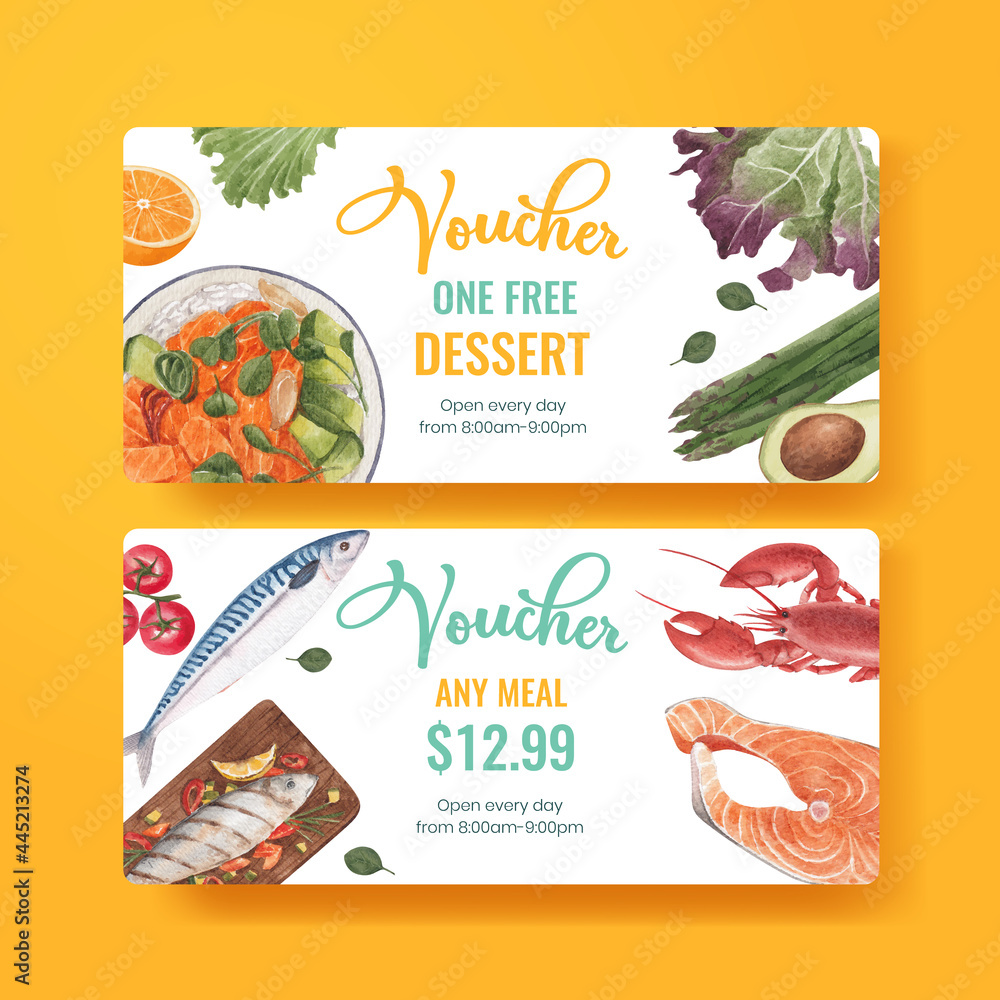 Voucher template with healthy food concept,watercolor style