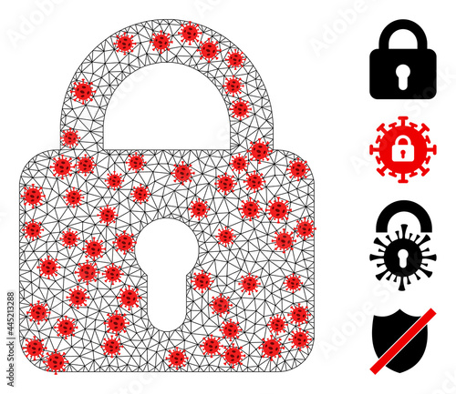 Mesh lock in outbreak style. Polygonal carcass lock image in low poly style with organized linear items and red virus items. Vector structure is created from lock with virus centers.