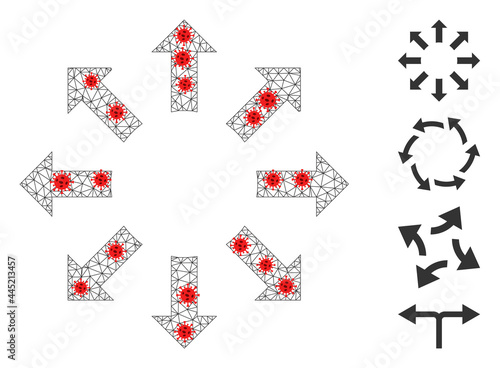 Polygonal expand arrows with outbreak style. Polygonal wireframe expand arrows image in low poly style with connected lines and red virus items.
