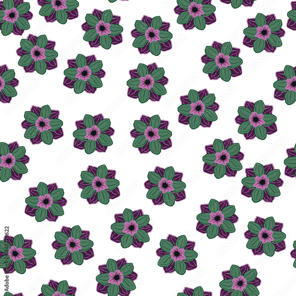 Isolated seamless pattern with random green anemone bud flower elements. White background. Botany style.