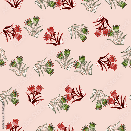 Blossom spring seamless pattern with green and red random flowers bell print. Pastel pink background.