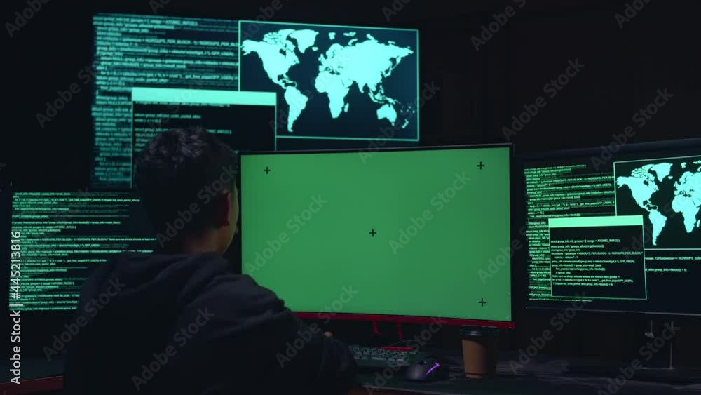 Child Hacker Hacking With Isolated Mock-Up Green Screen And Code On ...