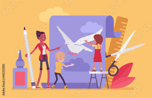 Kindergarten paper craft, art class decoration, cardboard design. Female teacher with preschool kids developing glue and scissor skills, fine motor activities. Vector flat style cartoon illustration