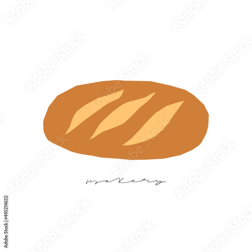 Loaf of bread with handwritten bakery text. Flat vector illustration of whole bread on the white background. Paper cutout stylization