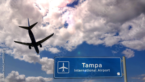 Plane landing in Tampa Florida, USA airport with signboard