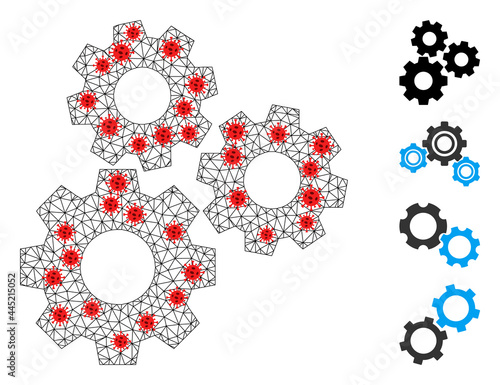 Polygonal gear mechanism with lockdown style. Polygonal carcass gear mechanism image in low poly style with combined lines and red infectious elements.