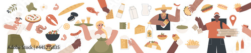 Set of traditional dishes from different countries, different nationality characters with Italian, German, Mexican and American food, food delivery service. Vector illustration set on white background