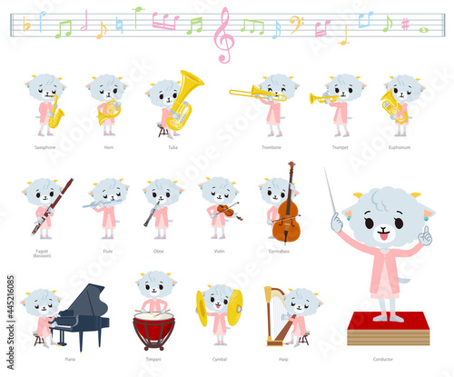 クラシック音楽演奏に関するひつじの女の子のセット