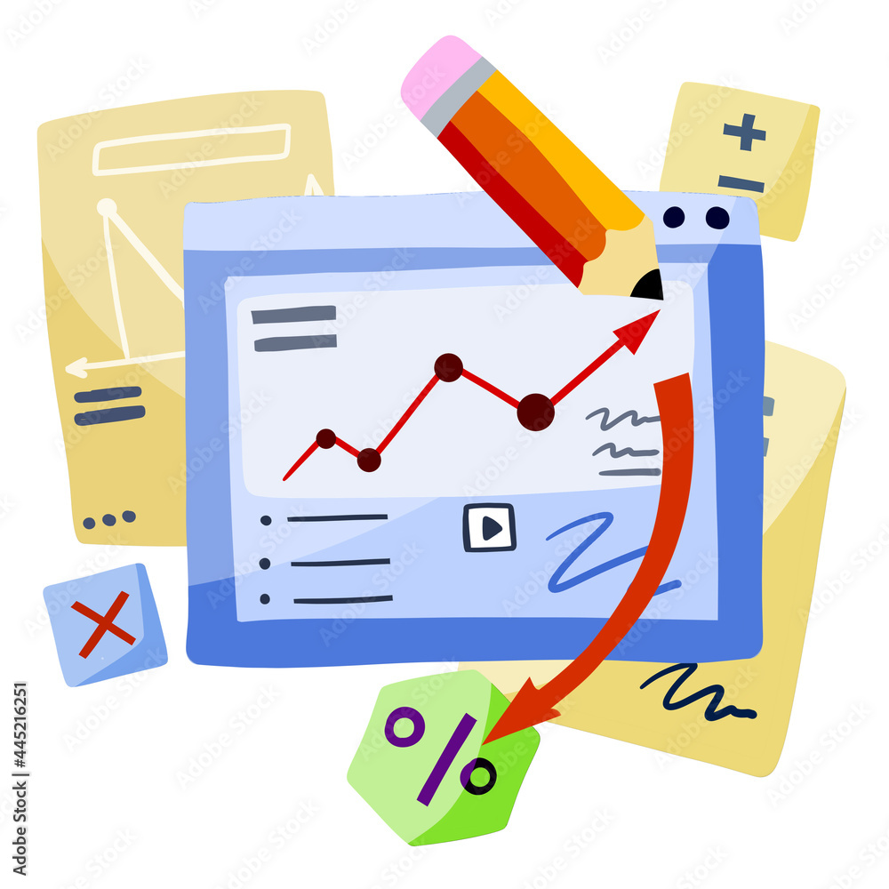 Fototapeta premium Business schedule. Funny infographic. Management and statistics. Cartoon Analytical concept. Drawing Documents and diagram