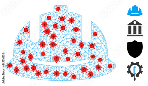 Polygonal construction helmet with infection style. Polygonal carcass construction helmet image in lowpoly style with combined lines and red infectious elements.