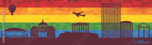 Athens on LGBT flag background - illustration, 
Town in Rainbow background, 
Vector city skyline silhouette