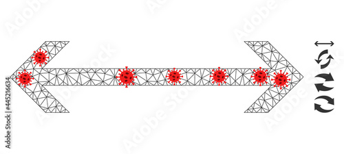 Network horizontal flip with outbreak style. Polygonal wireframe horizontal flip image in lowpoly style with organized linear items and red virus nodes.
