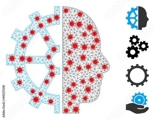 Mesh cyborg gear with lockdown style. Polygonal wireframe cyborg gear image in lowpoly style with structured linear items and red infectious items.