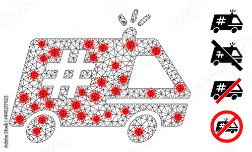 Mesh jail police car with lockdown style. Mesh wireframe jail police car image in lowpoly style with connected lines and red virus elements.
