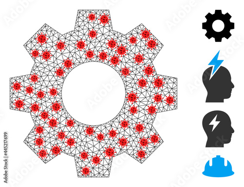 Mesh gear with lockdown style. Mesh carcass gear image in low poly style with structured lines and red infection nodes. Vector structure is created from gear with infection items.