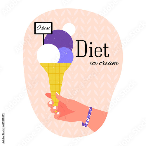 Vector isolated illustration of Hand Holding Diet Ice Cream in Waffle Cone and with Balls. Concept Dietary, Low Calorie Food, Health, Weight Loss, Obesity, Beauty, Appearance, Sweets, Delicious Food.