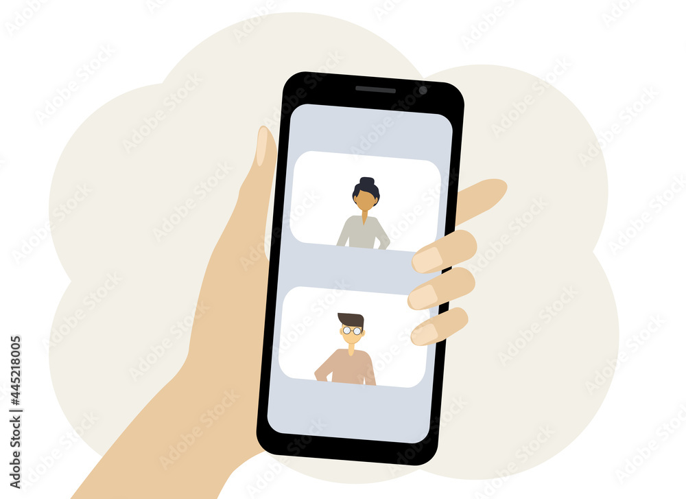 Illustration of a mobile phone in hand depicting an online meeting. Illustration of a mobile phone in hand depicting an online meeting.