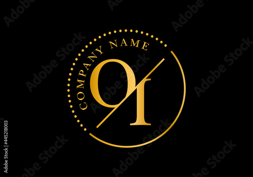 Golden letters OI with golden circle frames. Graphic Alphabet Symbol for Corporate Business Identity