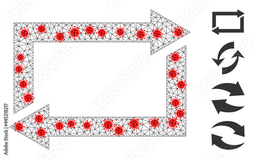 Net exchange arrows with lockdown style. Polygonal carcass exchange arrows image in lowpoly style with organized lines and red coronavirus nodes.
