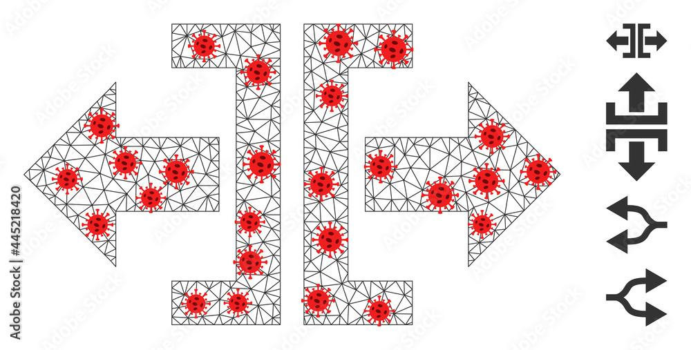 Polygonal divide horizontal direction with infection style. Polygonal wireframe divide horizontal direction image in low poly style with organized linear items and red infection items. Polygonal divide horizontal direction with infection style. Polygonal wireframe divide horizontal direction image in low poly style with organized linear items and red infection items.