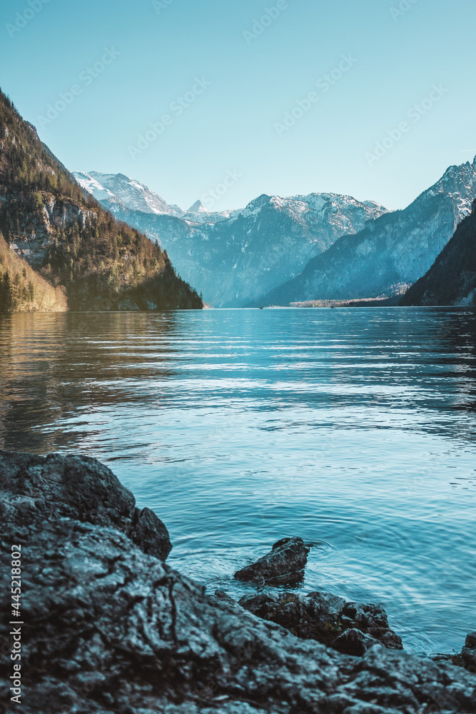 The King's Lake in Bavarian Alps, Germany. Mountains view with water reflection. Outdoor adventure in german Alps.