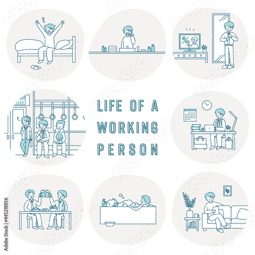 働く男性の1日のイラストセット