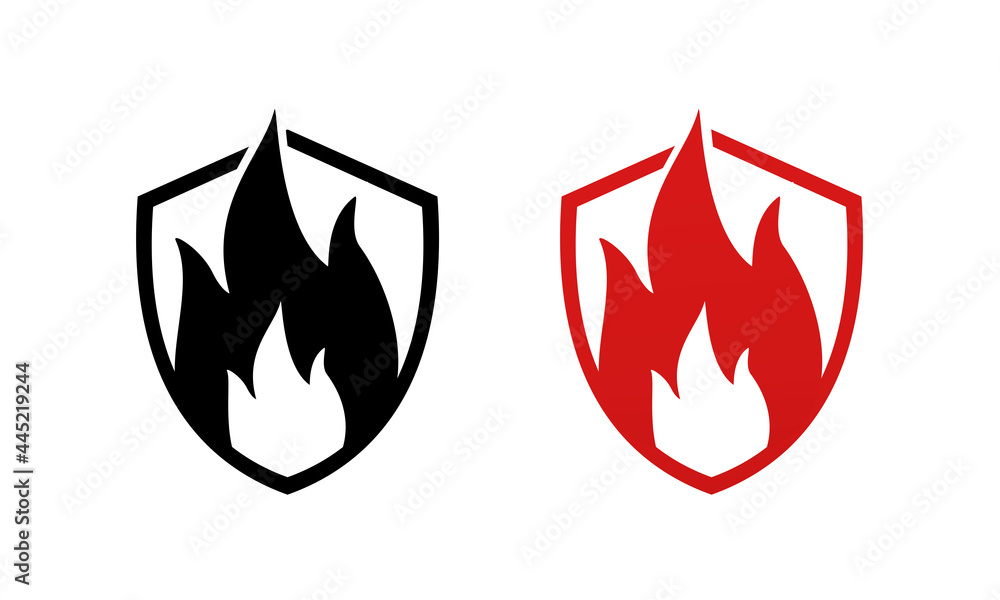 Fire protection. Heat resistant sign. Fire resistance. Shield with flame  icon. Refractory sign. Illustration vector Stock Vector