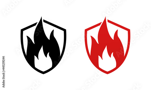 Fire protection. Heat resistant sign. Fire resistance. Shield with flame icon. Refractory sign. Illustration vector	