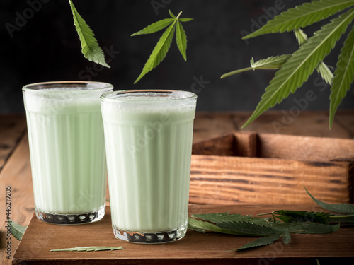 Traditional Indian drink Bhang Lassi, with hemp leaves.