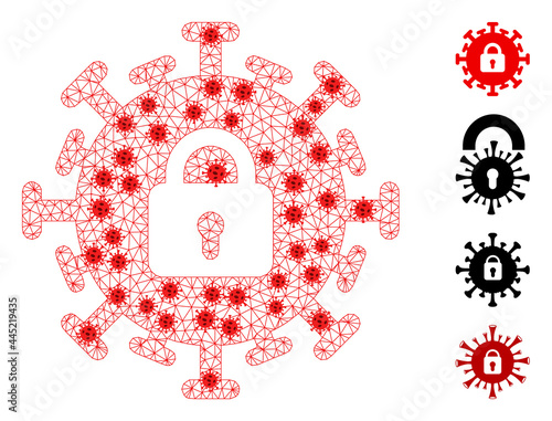 Mesh contagious lockdown in lockdown style. Mesh wireframe contagious lockdown image in lowpoly style with organized lines and red infection centers.