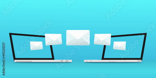 Sending message, email process concept with laptop. Send and received sms. Message transfer, closed envelope. Illustration vector