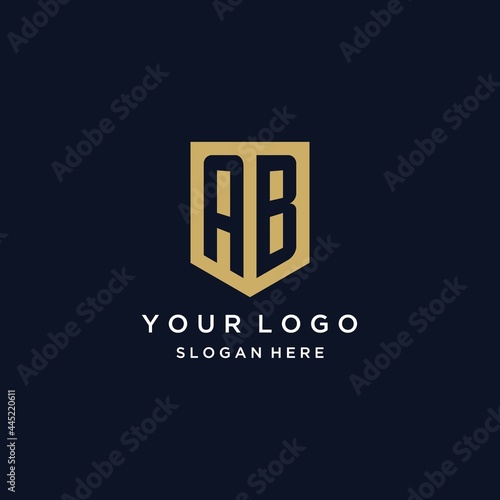 AB monogram initials logo design with shield icon