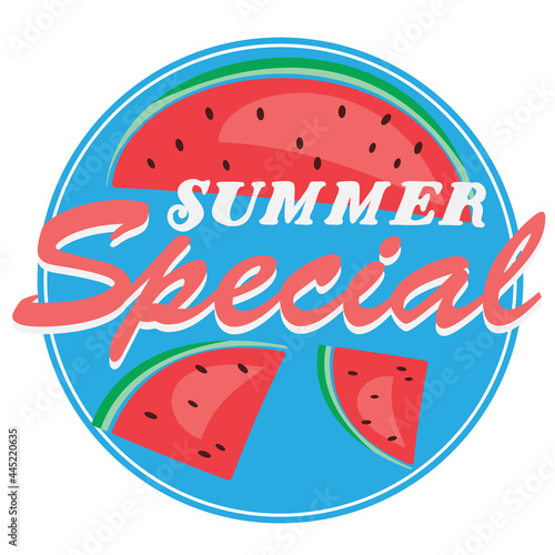 round blue SUMMER SPECIAL sticker or sign with slices of watermelon, vector illustration