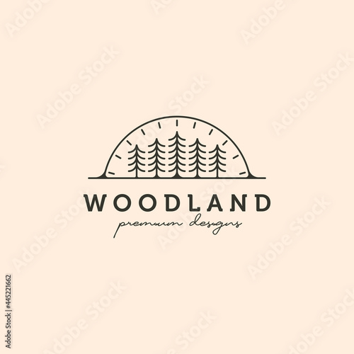 woodland tree landscape vector logo symbol with sunset illustration design
