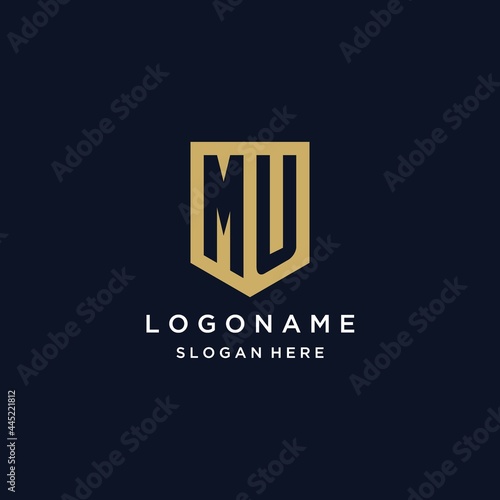 MU monogram initials logo design with shield icon